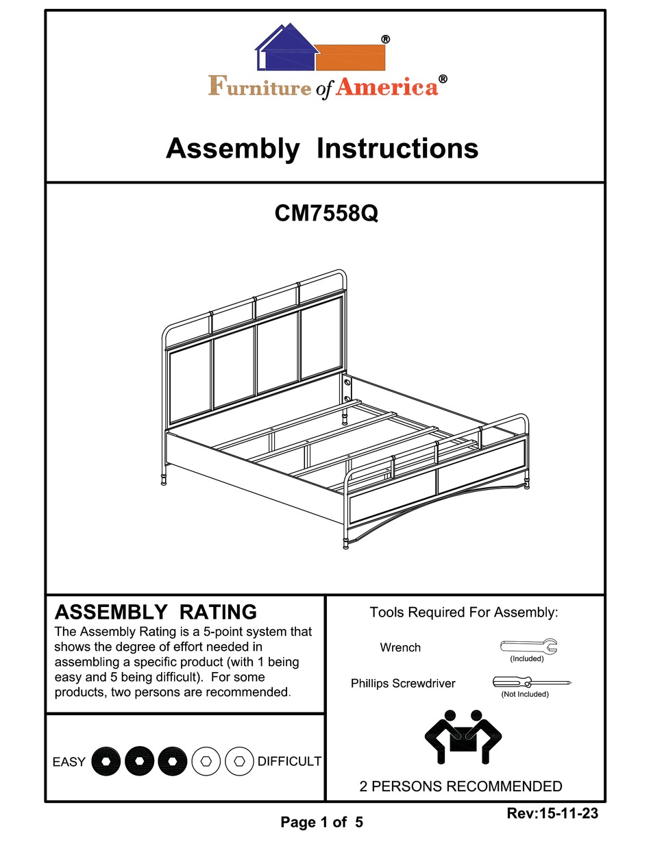 FURNITURE OF AMERICA CALIFORNIA CM7558Q ASSEMBLY INSTRUCTIONS MANUAL