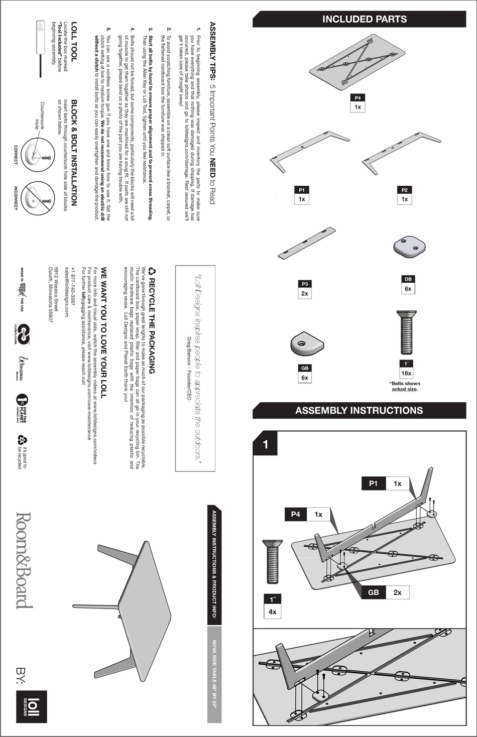 LOLL DESIGNS ROOM&BOARD NOVA SIDE TABLE ASSEMBLY INSTRUCTIONS & PRODUCT