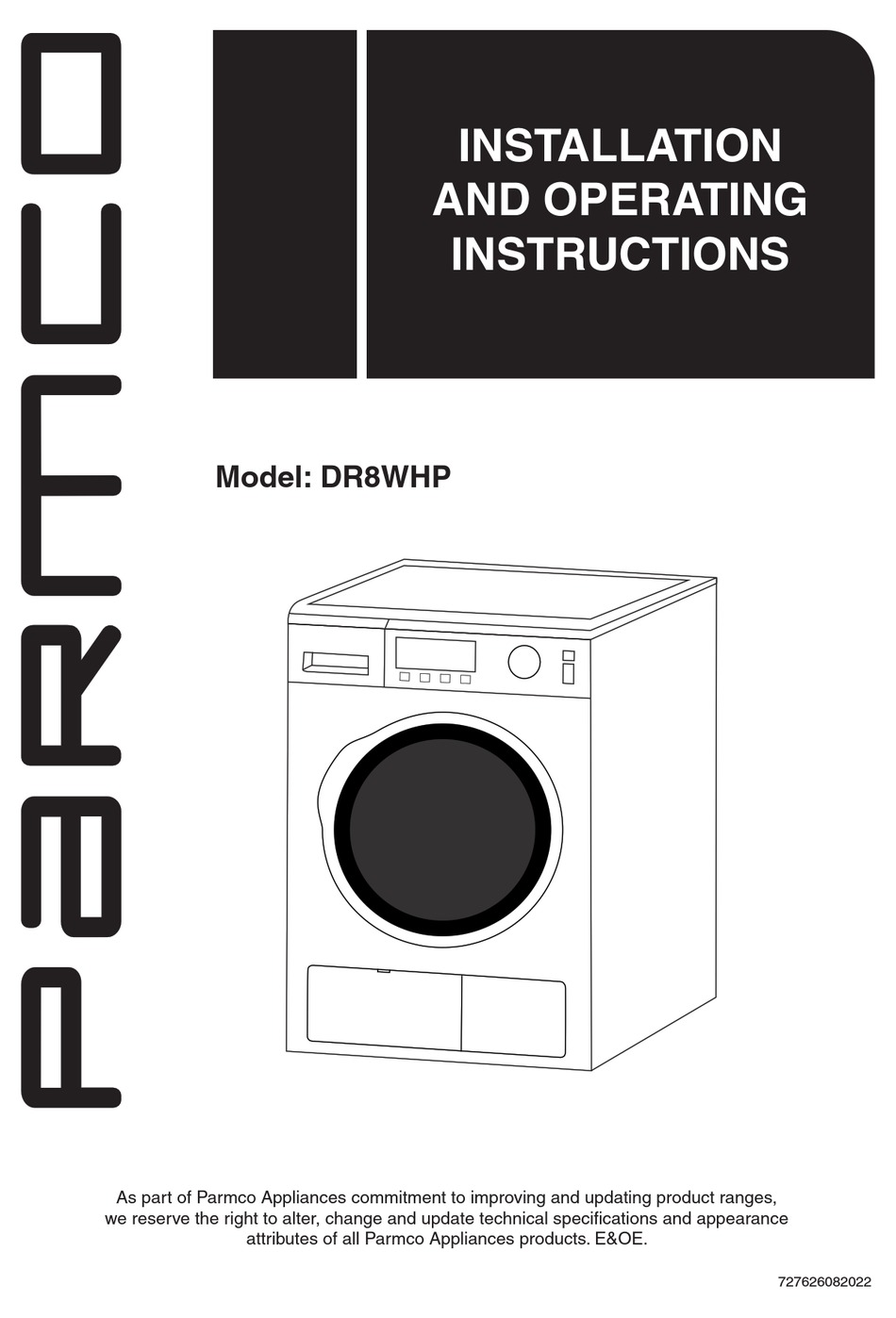 PARMCO DR8WHP INSTALLATION AND OPERATING INSTRUCTIONS MANUAL Pdf