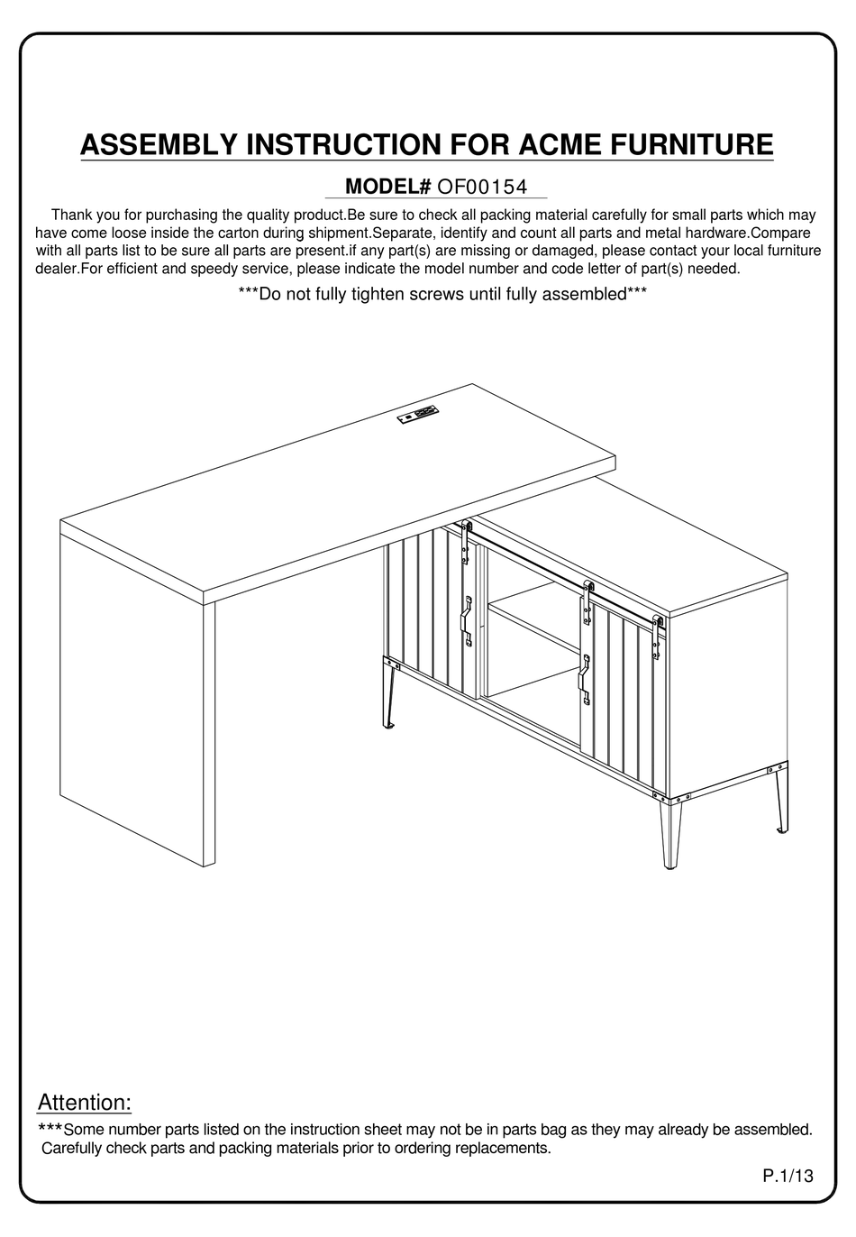 ACME FURNITURE OF00154 ASSEMBLY INSTRUCTION MANUAL Pdf Download