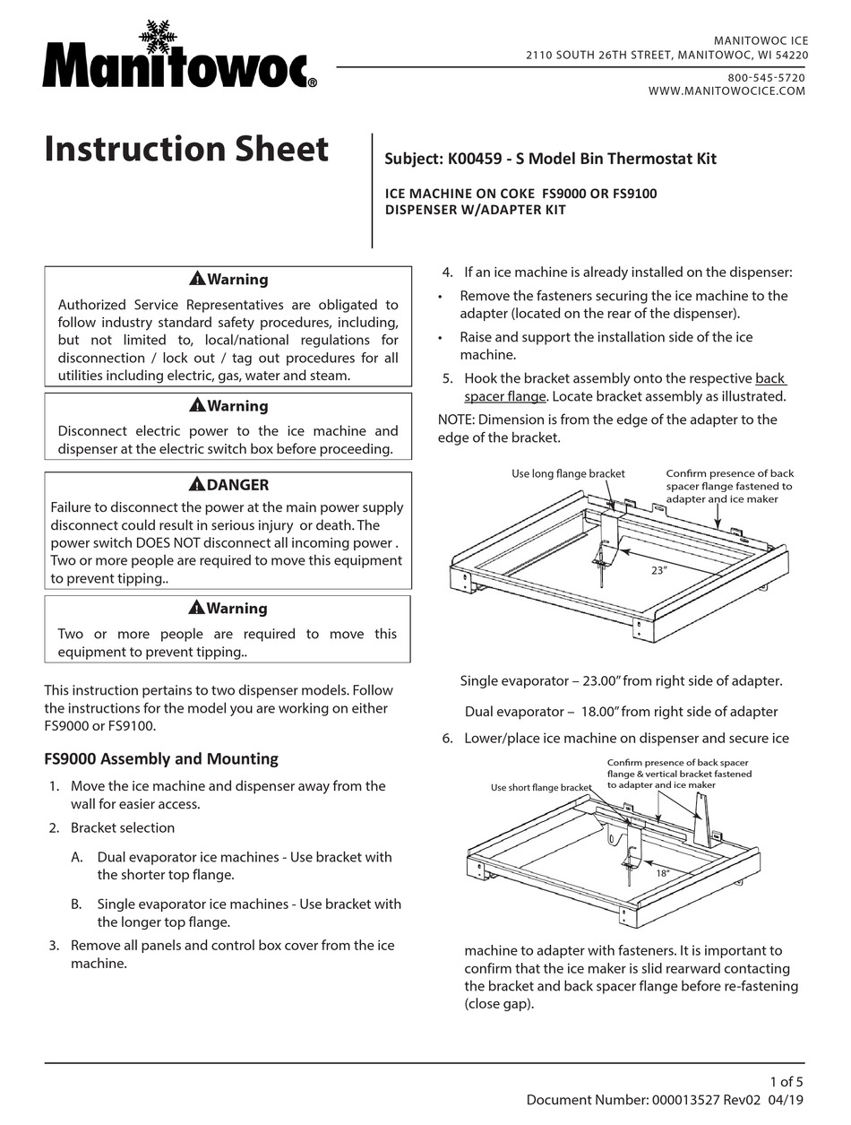 MANITOWOC FS9000 INSTRUCTION SHEET Pdf Download | ManualsLib