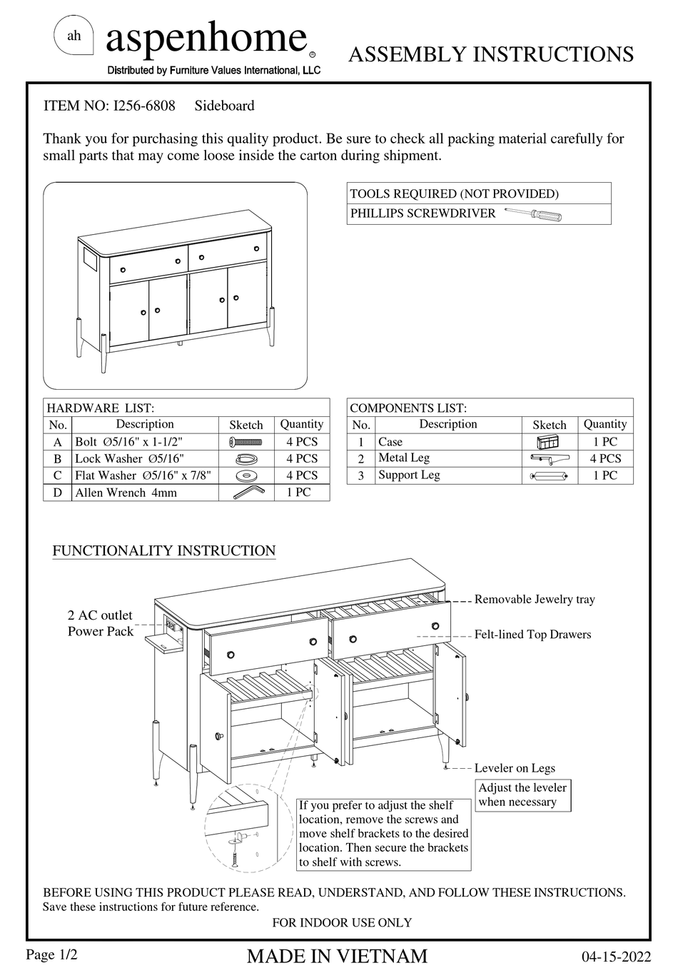 FURNITURE VALUES INTERNATIONAL ASPENHOME I2566808 ASSEMBLY