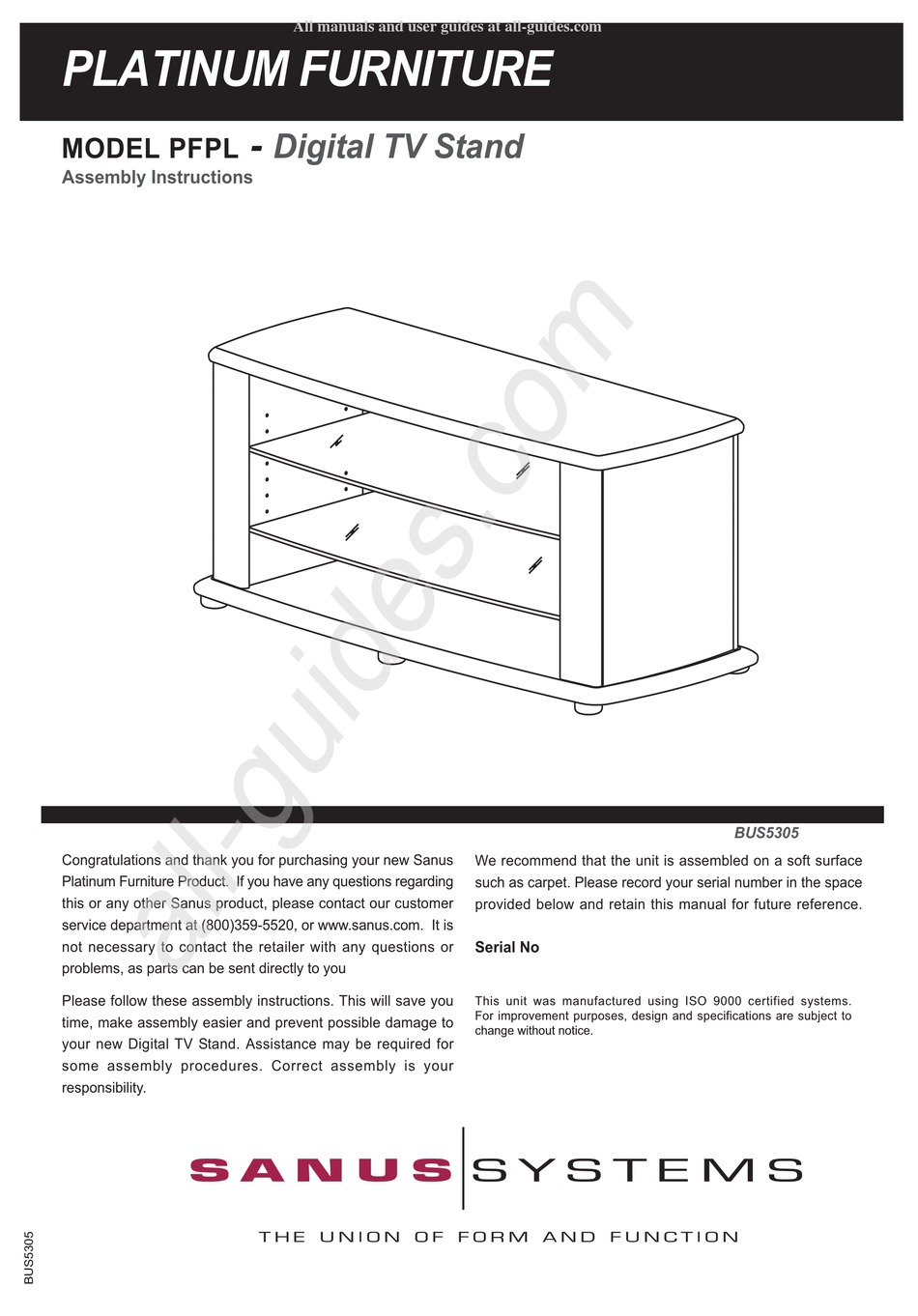 SANUS SYSTEMS PLATINUM FURNITURE PFPL ASSEMBLY INSTRUCTIONS MANUAL Pdf