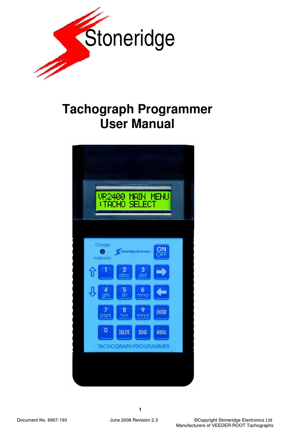 VEEDERROOT STONERIDGE TACHOGRAPH PROGRAMMER USER MANUAL Pdf Download