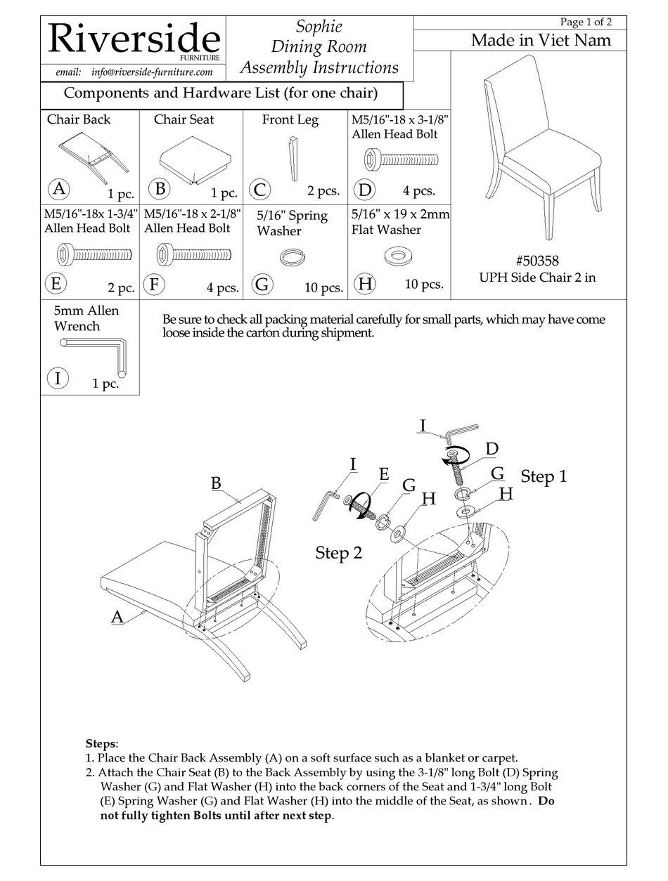RIVERSIDE FURNITURE SOPHIE 50358 ASSEMBLY INSTRUCTIONS Pdf Download