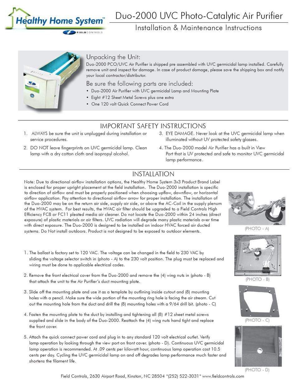 FIELD CONTROLS HEALTHY HOME SYSTEM DUO2000, INSTALLATION & MAINTENANCE