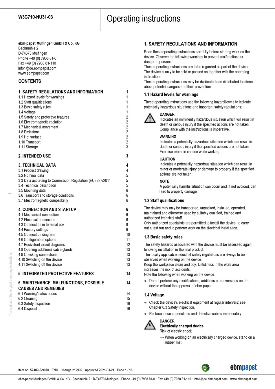 EBM-PAPST W3G710-NU31-03 OPERATING INSTRUCTIONS MANUAL Pdf Download ...