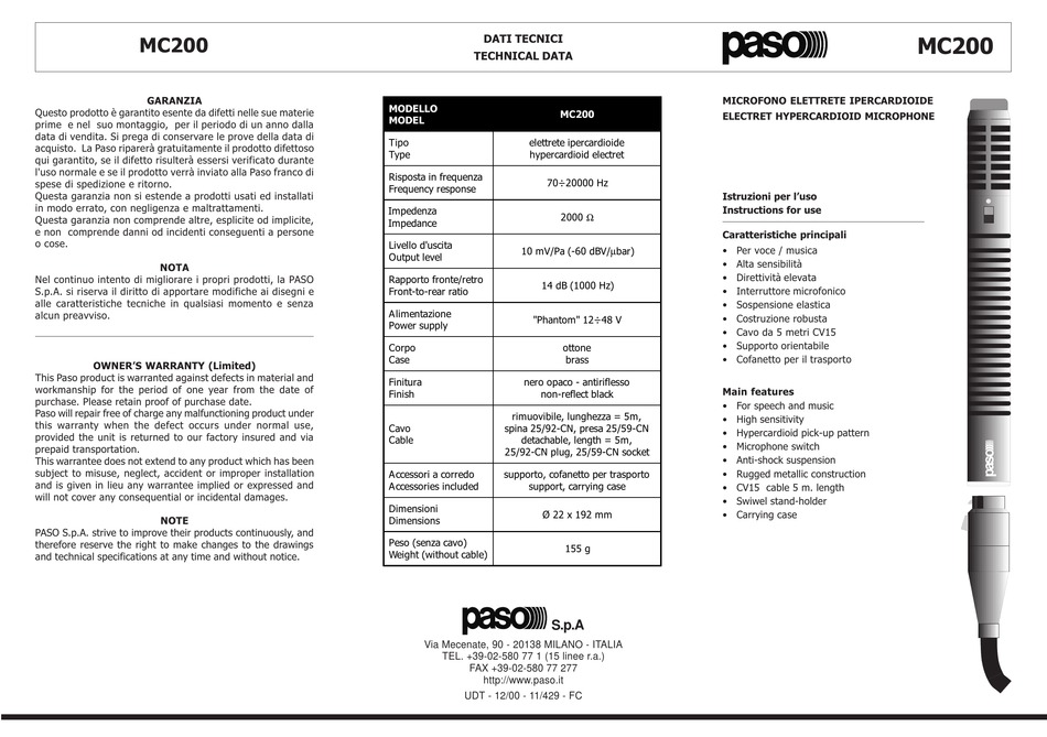 PASO MC200 MANUAL Pdf Download ManualsLib