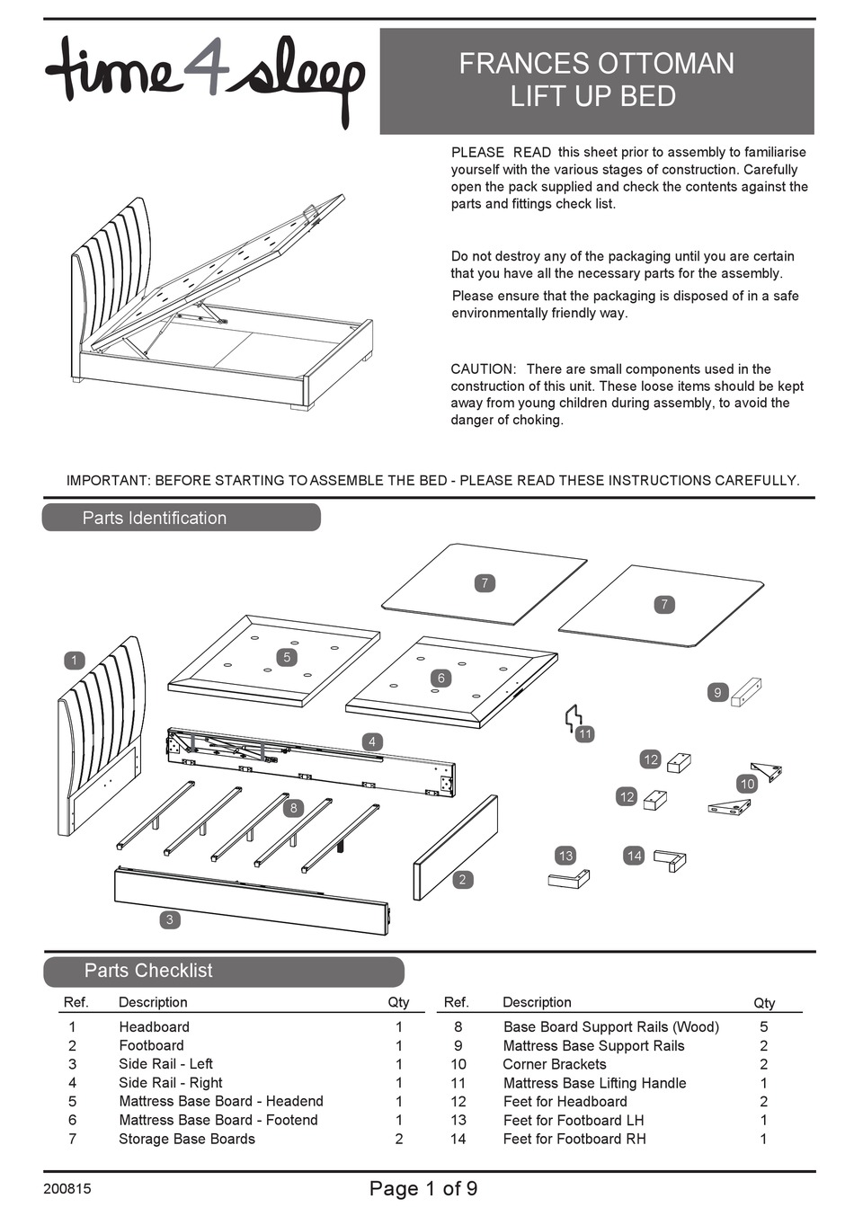 TIME4SLEEP FRANCES OTTOMAN LIFT UP BED ASSEMBLY INSTRUCTIONS MANUAL Pdf