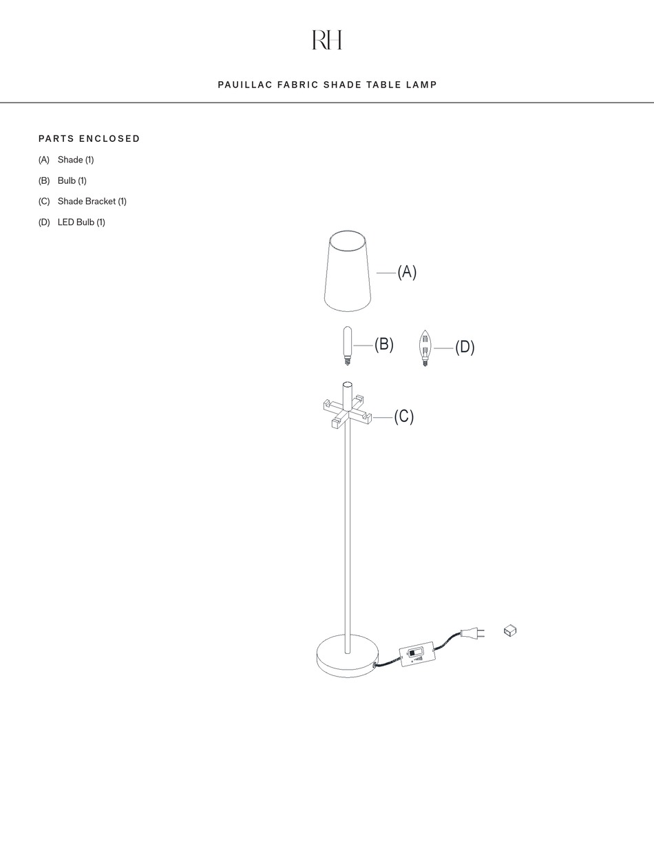 RH PAUILLAC FABRIC SHADE TABLE LAMP QUICK START MANUAL Pdf Download