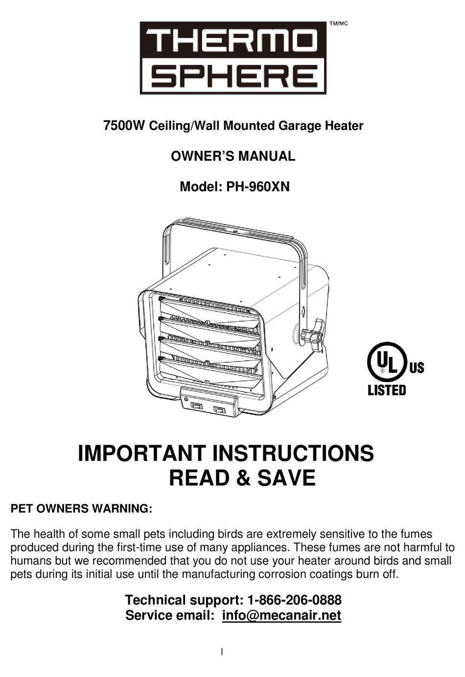 MECANAIR THERMO SPHERE PH960XN OWNER'S MANUAL Pdf Download ManualsLib