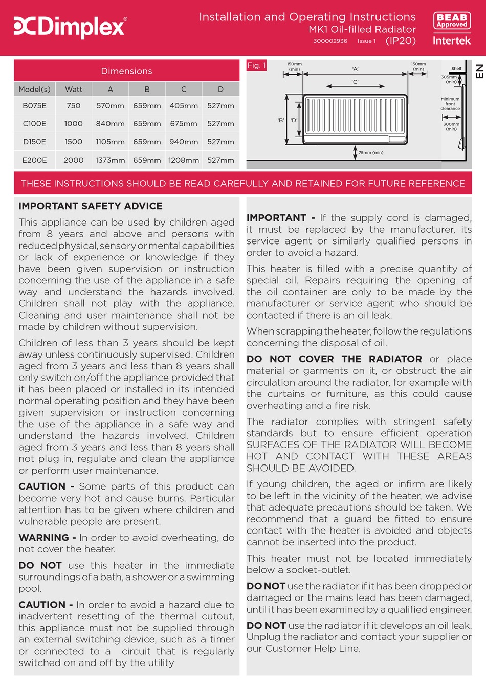 DIMPLEX B075E INSTALLATION AND OPERATING INSTRUCTIONS MANUAL Pdf