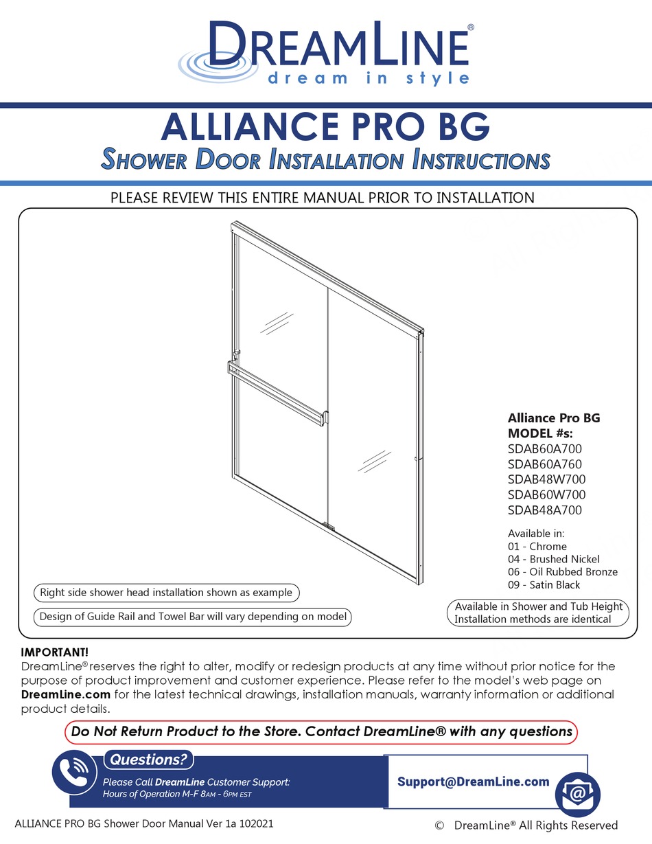 DREAMLINE ALLIANCE PRO BG SDAB60A700 INSTALLATION INSTRUCTIONS MANUAL