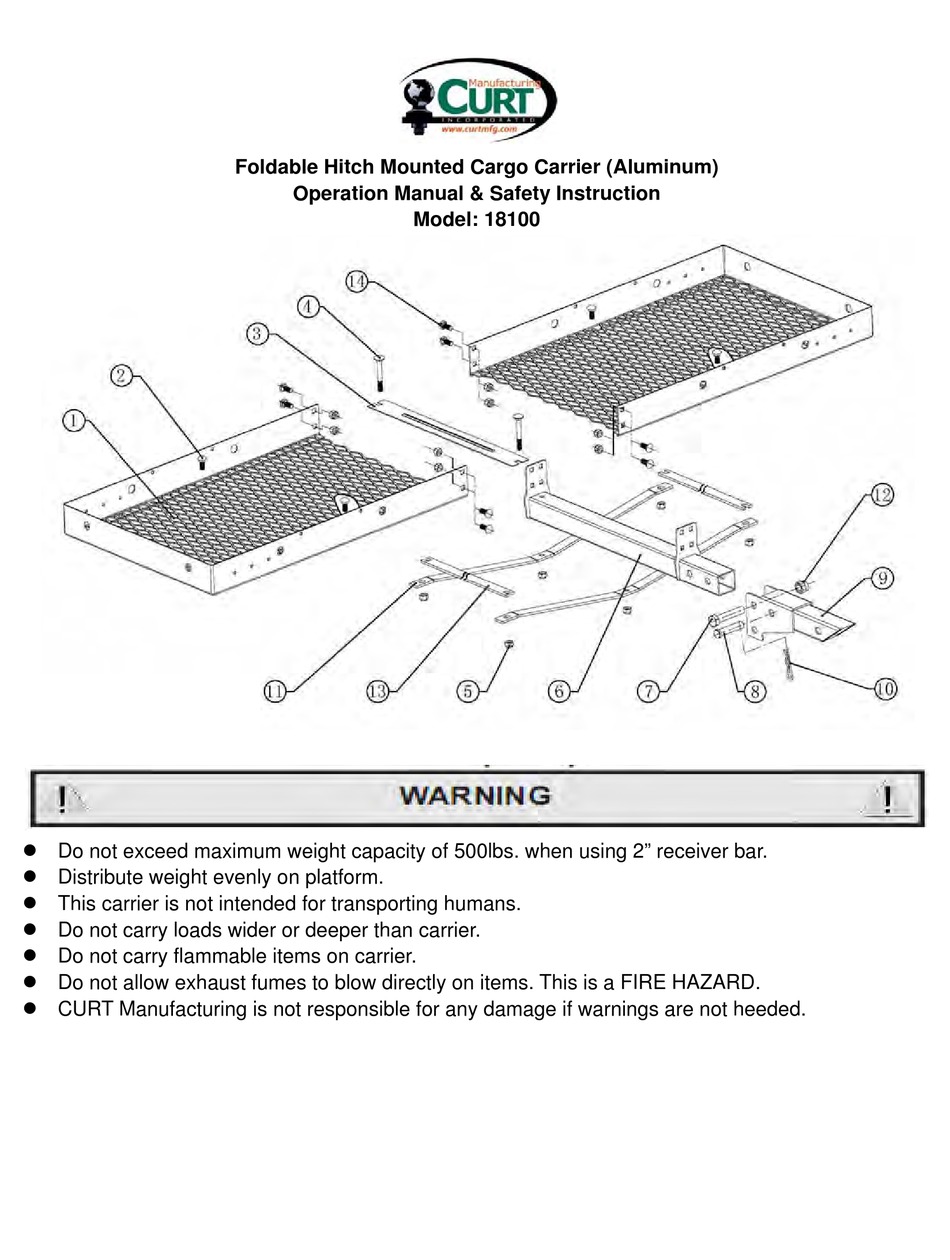 CURT MANUFACTURING 18100 OPERATION MANUAL & SAFETY INSTRUCTIONS Pdf