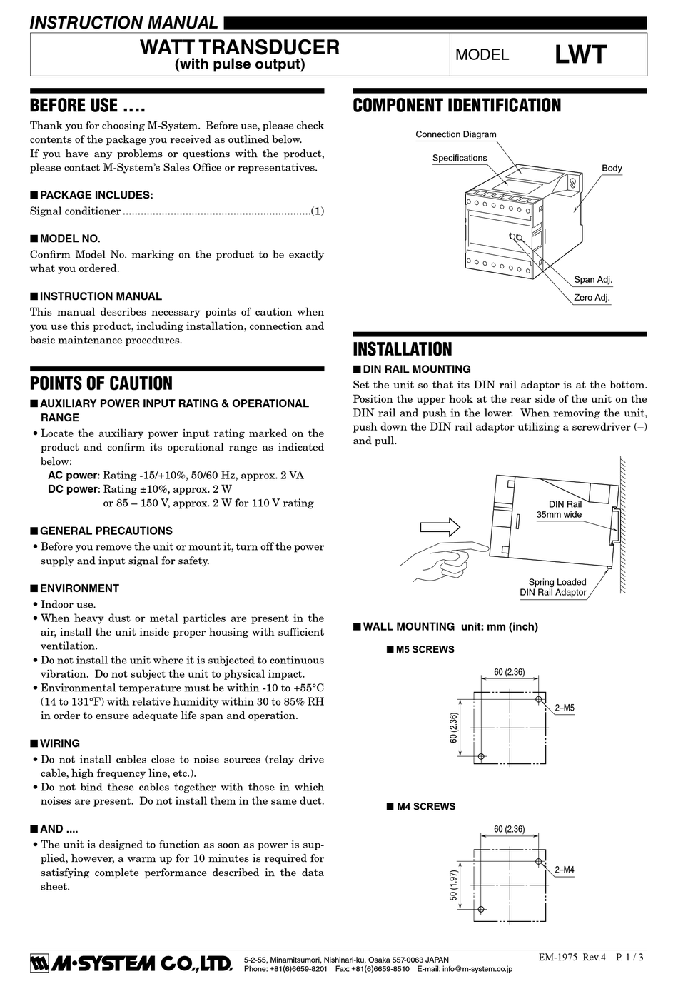 M-SYSTEM LWT INSTRUCTION MANUAL Pdf Download | ManualsLib