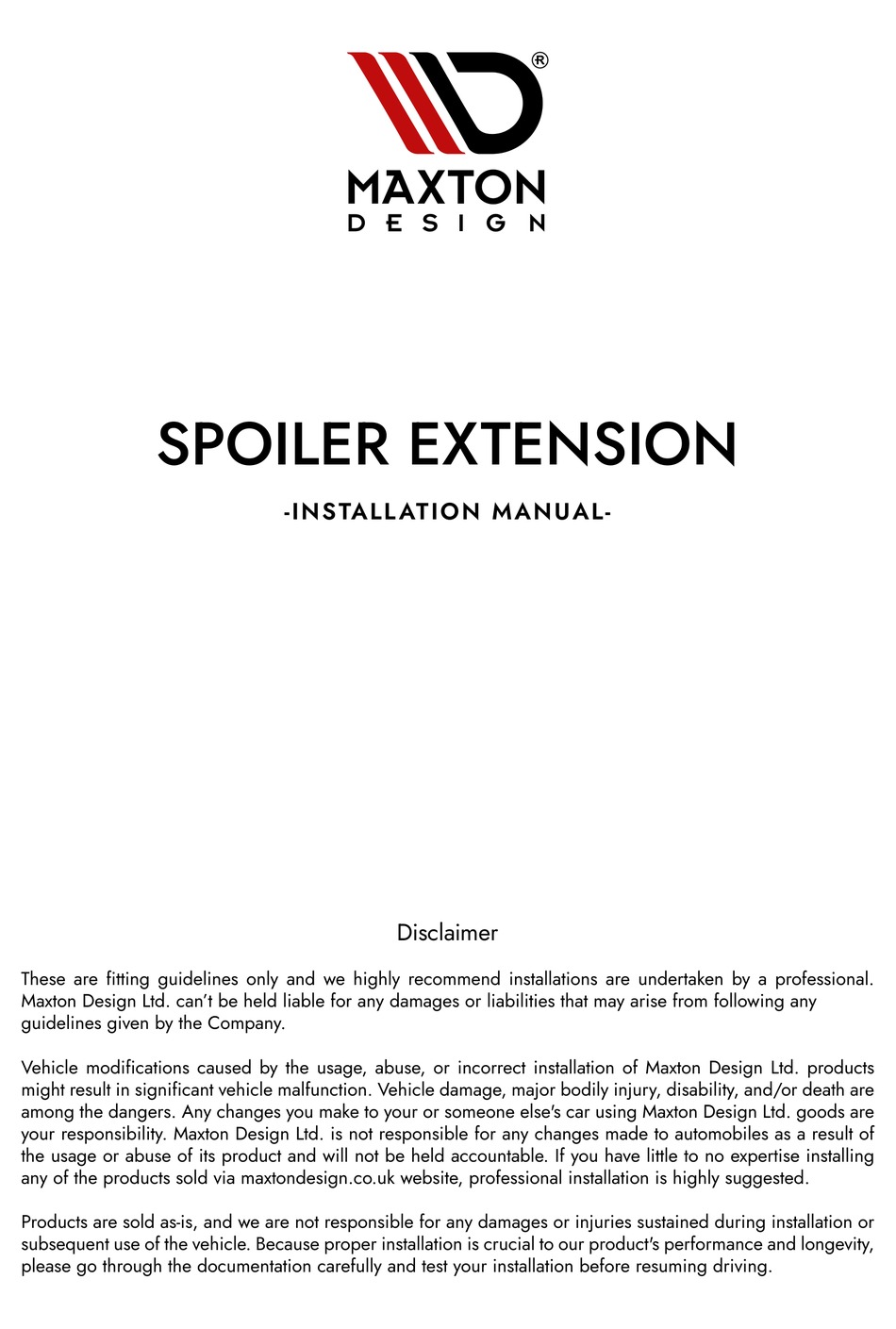 MAXTON DESIGN SPOILER EXTENSION INSTALLATION MANUAL Pdf Download