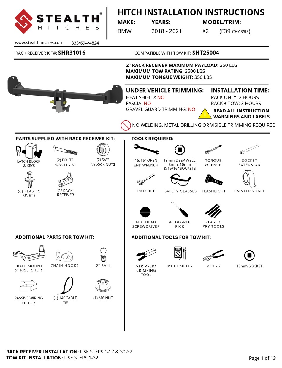 STEALTH HITCHES SHR31016 INSTALLATION INSTRUCTIONS MANUAL Pdf Download