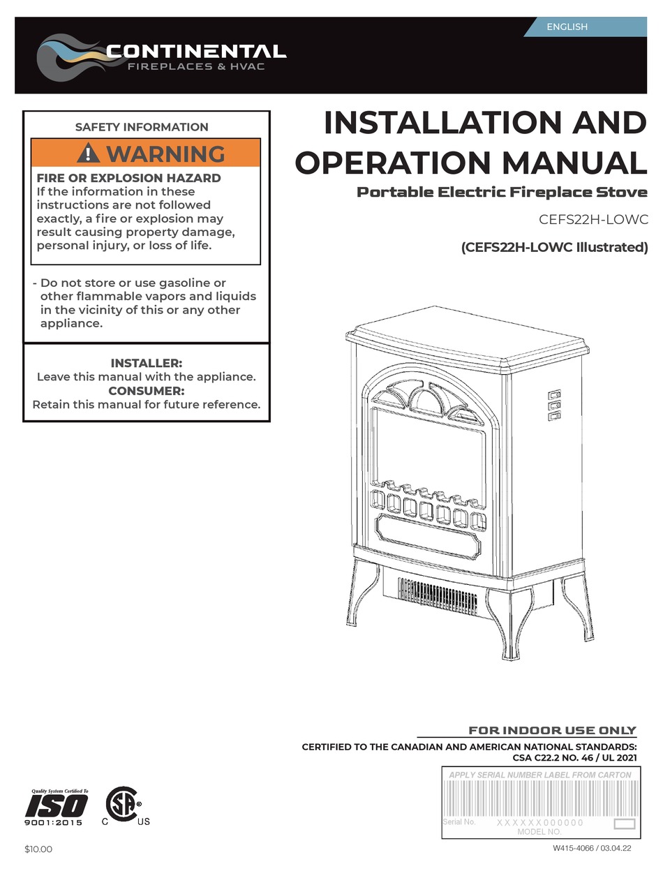 CONTINENTAL REFRIGERATOR CEFS22HLOWC INSTALLATION AND OPERATION MANUAL