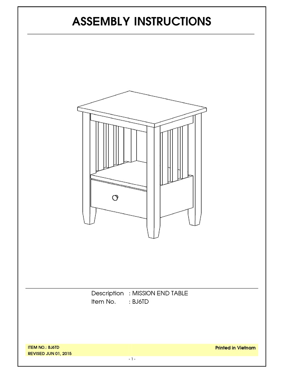 UNFINISHED FURNITURE OF WILMINGTON MISSION BJ6TD ASSEMBLY INSTRUCTIONS