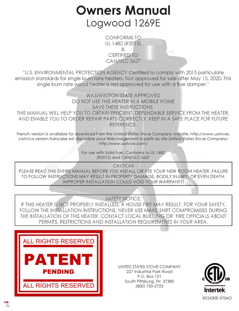 UNITED STATES STOVE COMPANY LOGWOOD 1269E OWNER'S MANUAL Pdf Download