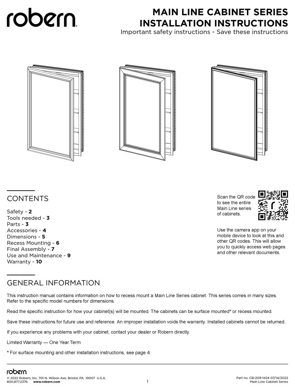 ROBERN MAIN LINE SERIES INSTALLATION INSTRUCTIONS MANUAL Pdf