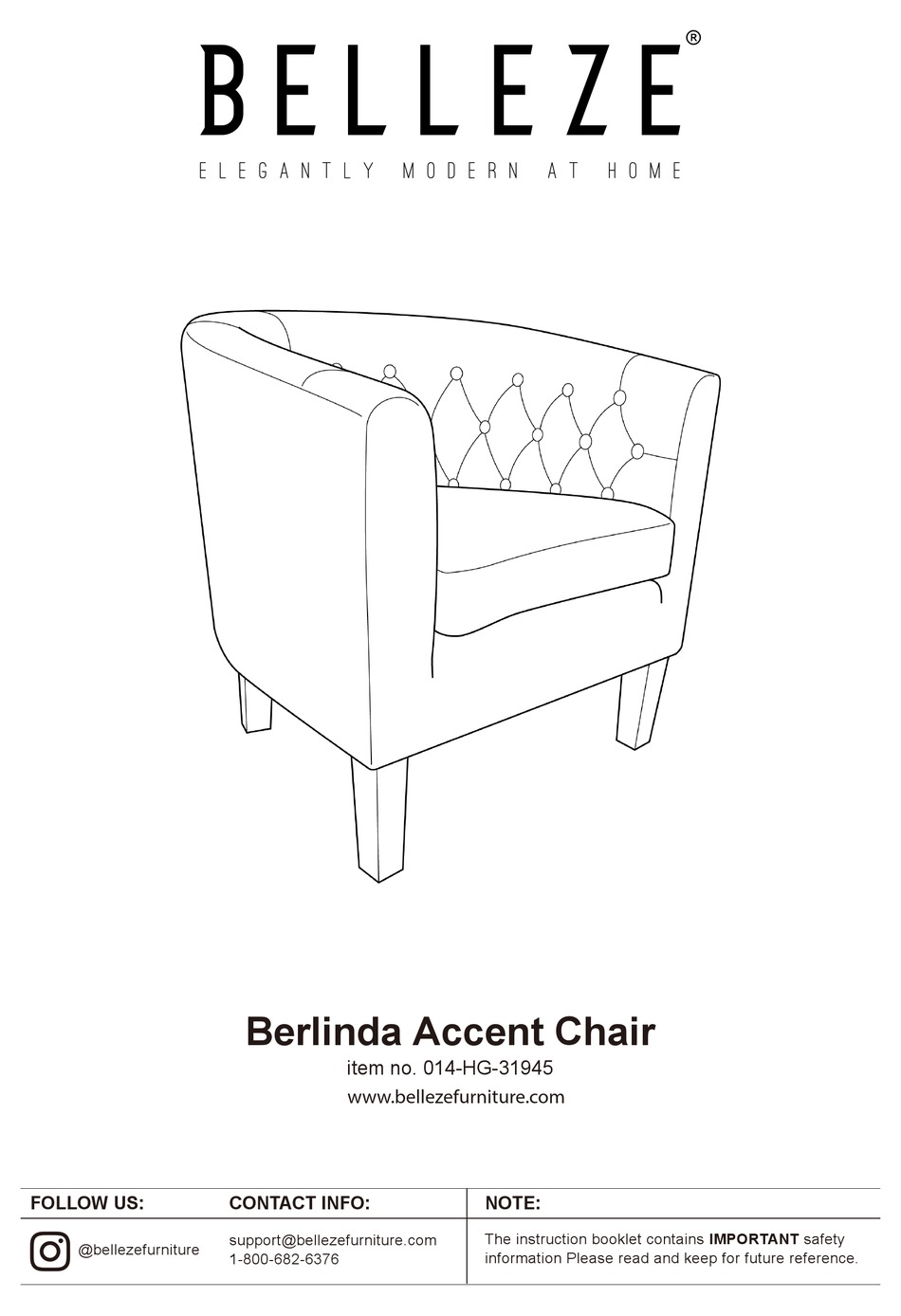BELLEZE BERLINDA ACCENT 014HG31945 ASSEMBLY INSTRUCTIONS MANUAL Pdf