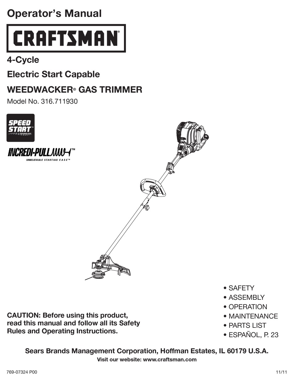 CRAFTSMAN WEEDWACKER INCREDIPULL 316.711930 OPERATOR'S MANUAL Pdf