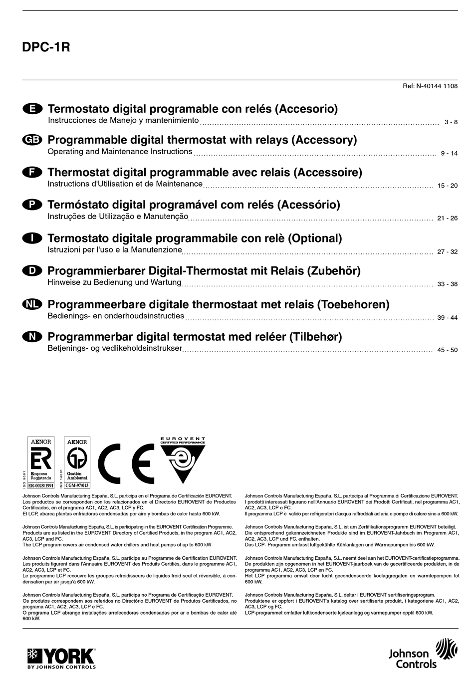 JOHNSON CONTROLS YORK DPC1R OPERATING AND MAINTENANCE INSTRUCTIONS