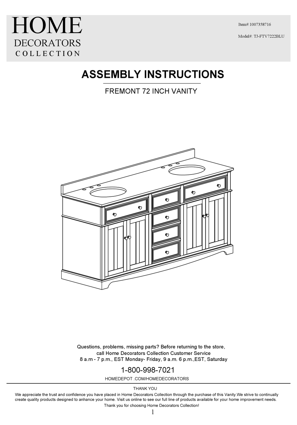 HOME DECORATORS COLLECTION TJFTV7222BLU ASSEMBLY INSTRUCTIONS MANUAL