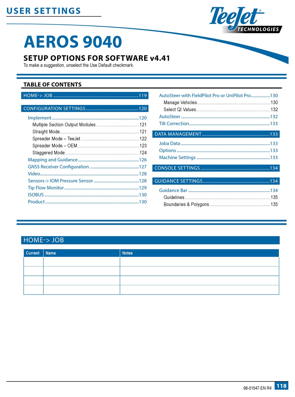 SPRAYING SYSTEMS CO TEEJET TECHNOLOGIES AEROS 9040 USER SETTINGS MANUAL