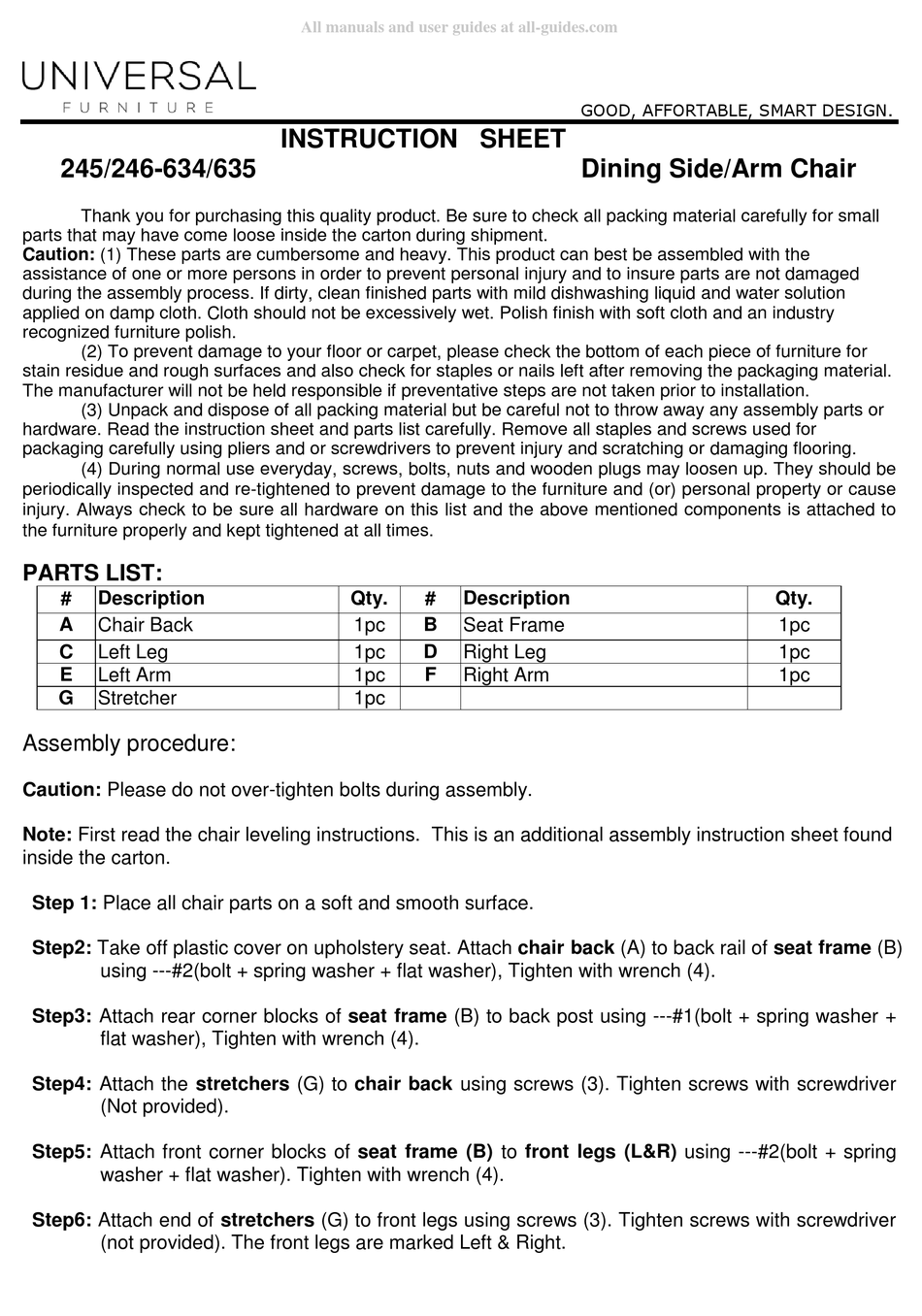 UNIVERSAL FURNITURE 245634 INSTRUCTION SHEET Pdf Download ManualsLib