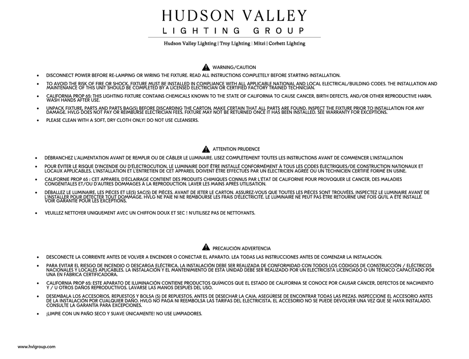 HUDSON VALLEY LIGHTING DURBAN L2016 INSTALLATION INSTRUCTIONS Pdf