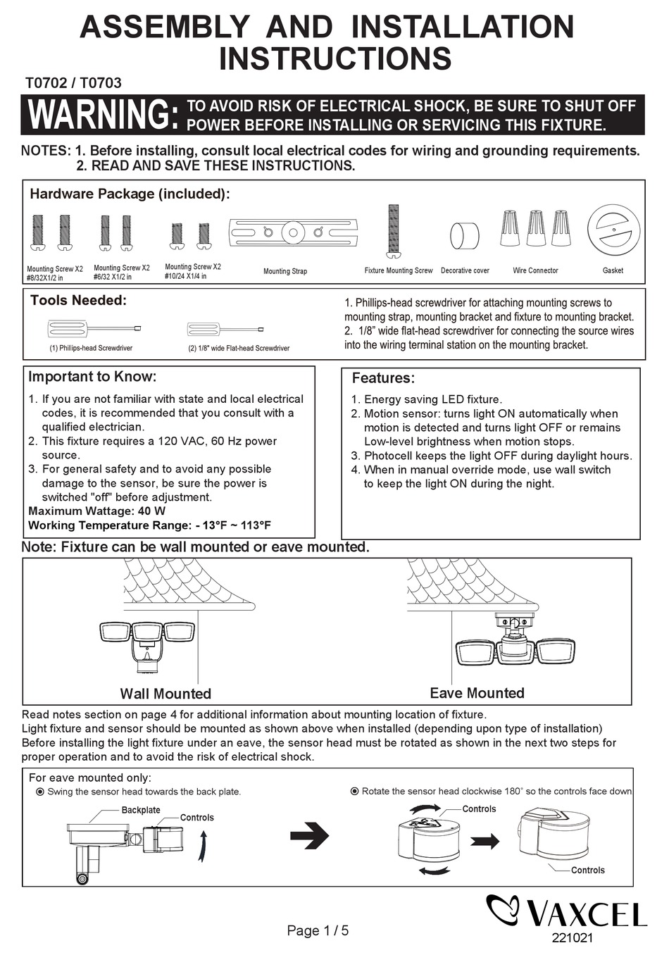 VAXCEL T0702 ASSEMBLY AND INSTALLATION INSTRUCTIONS Pdf Download ...