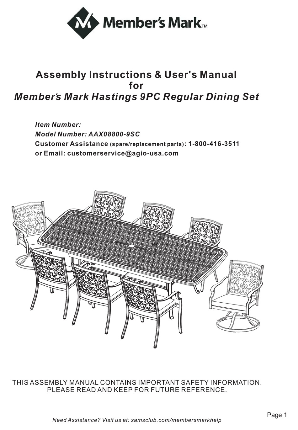 MEMBERS MARK HASTINGS AAX088009SC ASSEMBLY INSTRUCTIONS & USER MANUAL