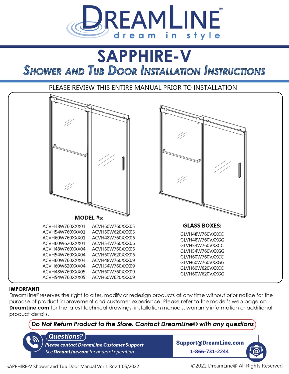 DREAMLINE SAPPHIREV ACVH48W760XXX01 INSTALLATION INSTRUCTIONS MANUAL