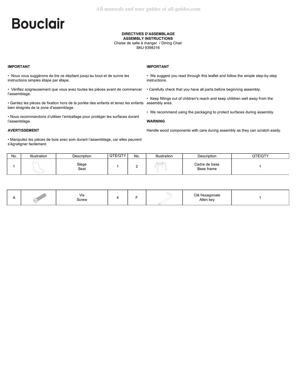 BOUCLAIR 9398316 ASSEMBLY INSTRUCTIONS Pdf Download ManualsLib
