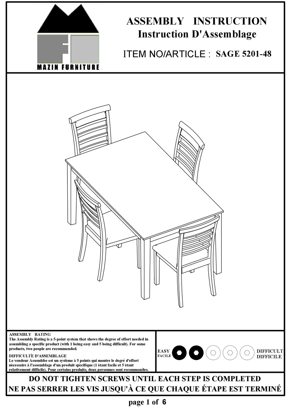 MAZIN FURNITURE SAGE 520148 ASSEMBLY INSTRUCTION MANUAL Pdf Download