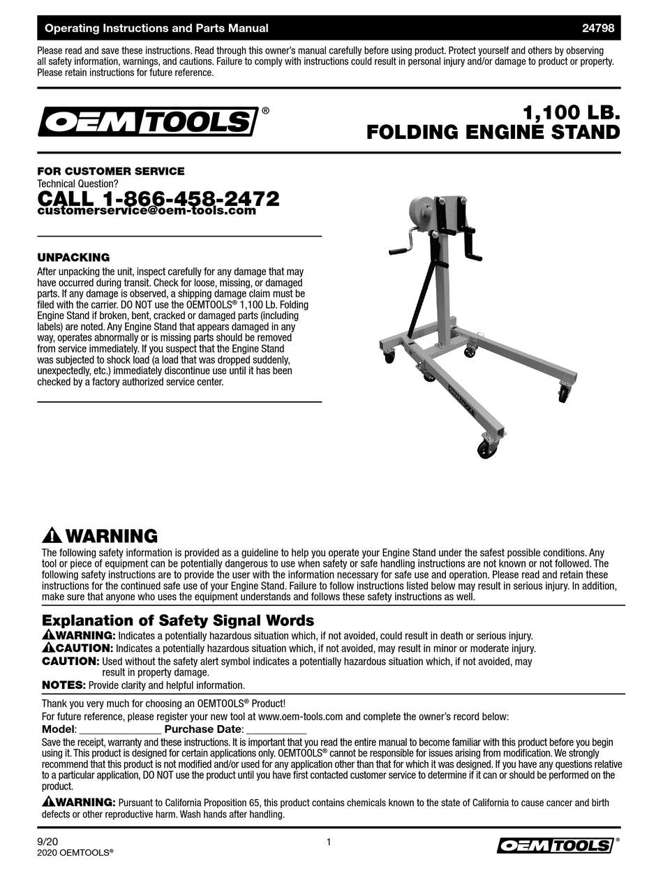 OEM TOOLS 24798 OPERATING INSTRUCTIONS AND PARTS MANUAL Pdf Download