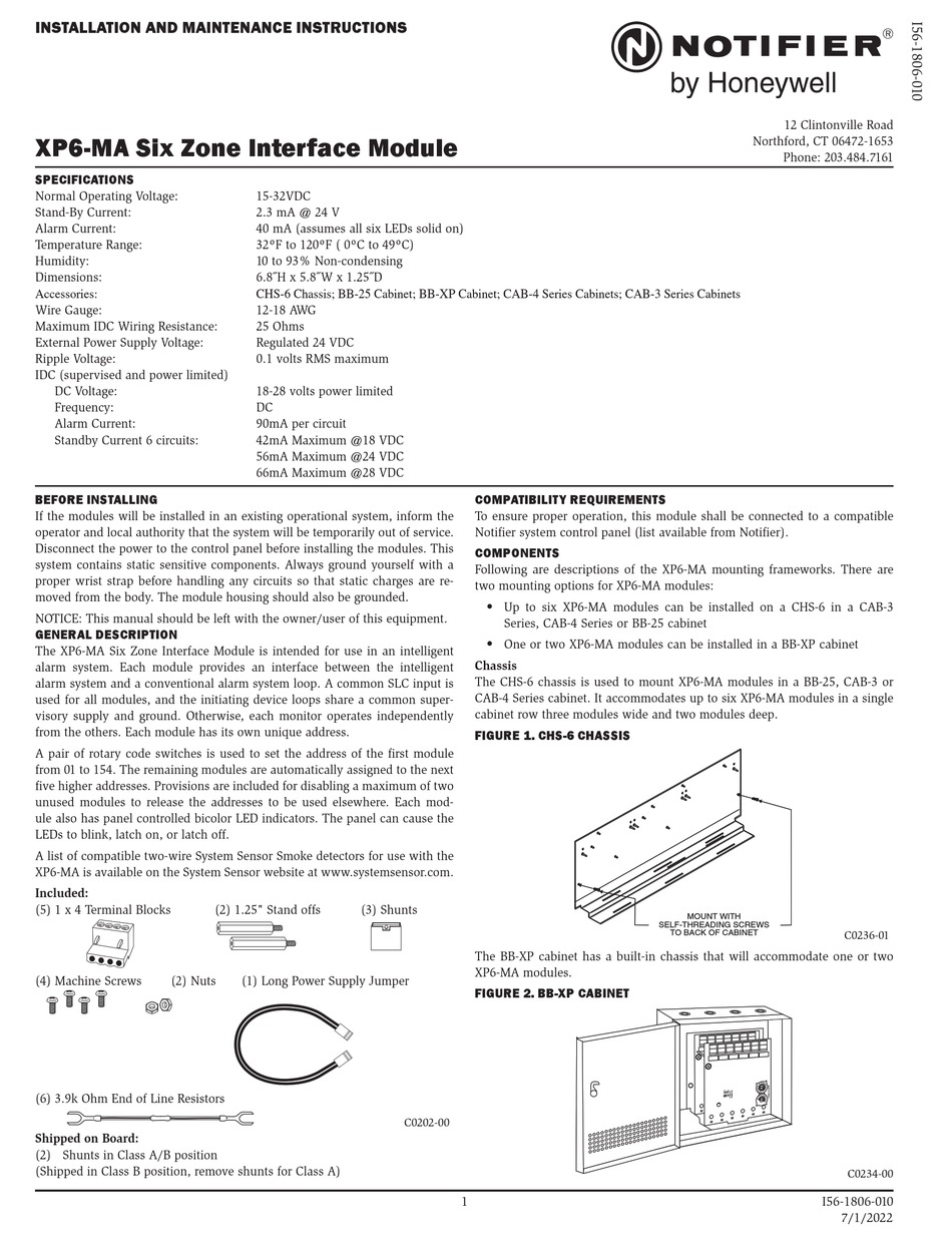HONEYWELL NOTIFIER XP6MA INSTALLATION AND MAINTENANCE INSTRUCTIONS Pdf