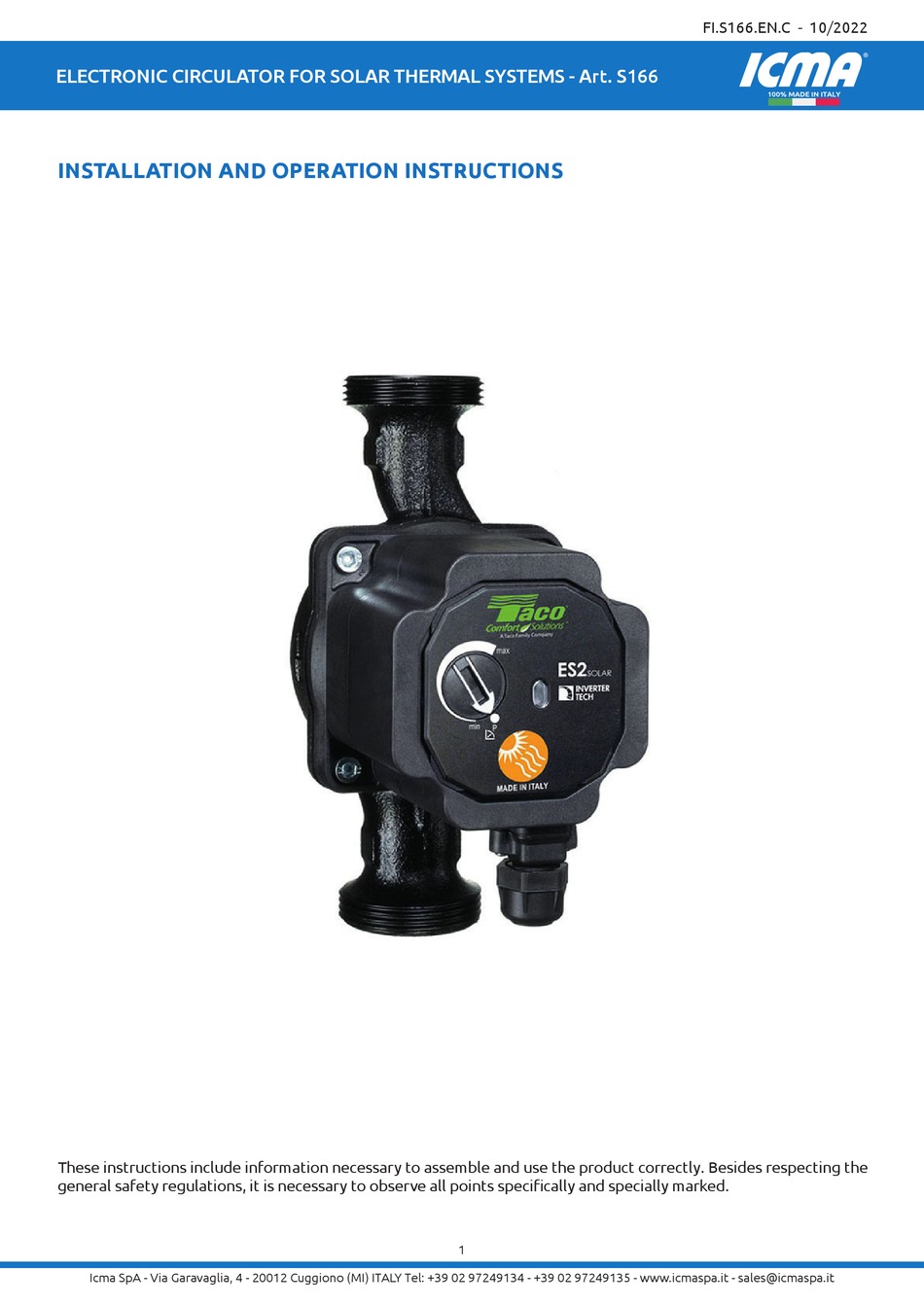 ICM CONTROLS S166 INSTALLATION AND OPERATION INSTRUCTION MANUAL Pdf