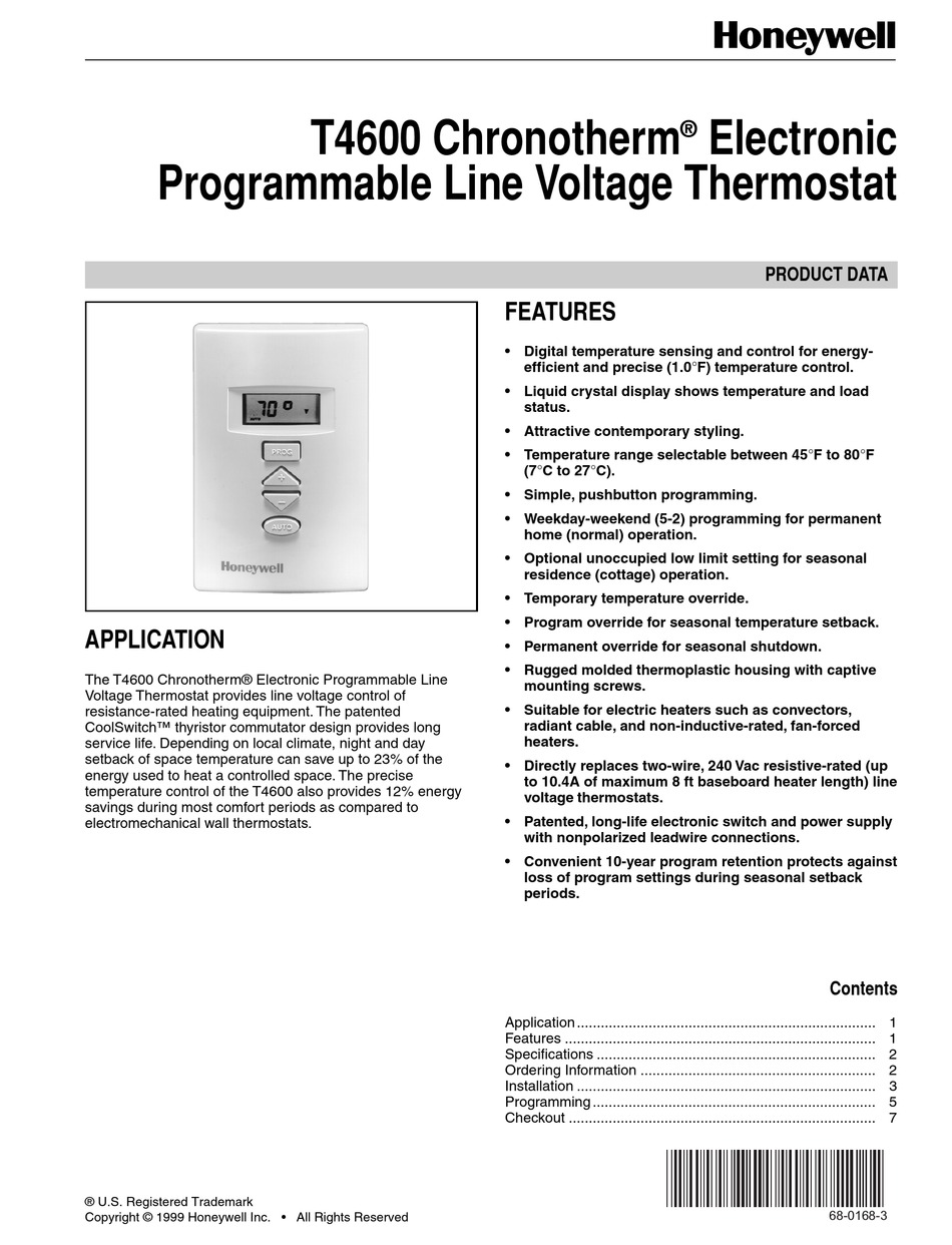 HONEYWELL CHRONOTHERM T4600 PRODUCT DATA Pdf Download | ManualsLib