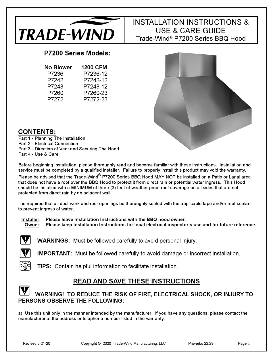 trade-wind-p7200-series-installation-instructions-use-care-manual