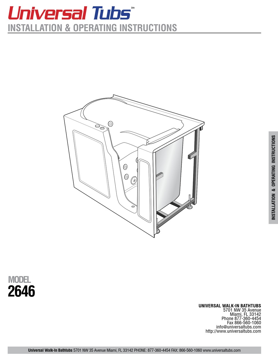 UNIVERSAL TUBS 2646 ASSEMBLY/INSTALLATION/OPERATING INSTRUCTIONS Pdf