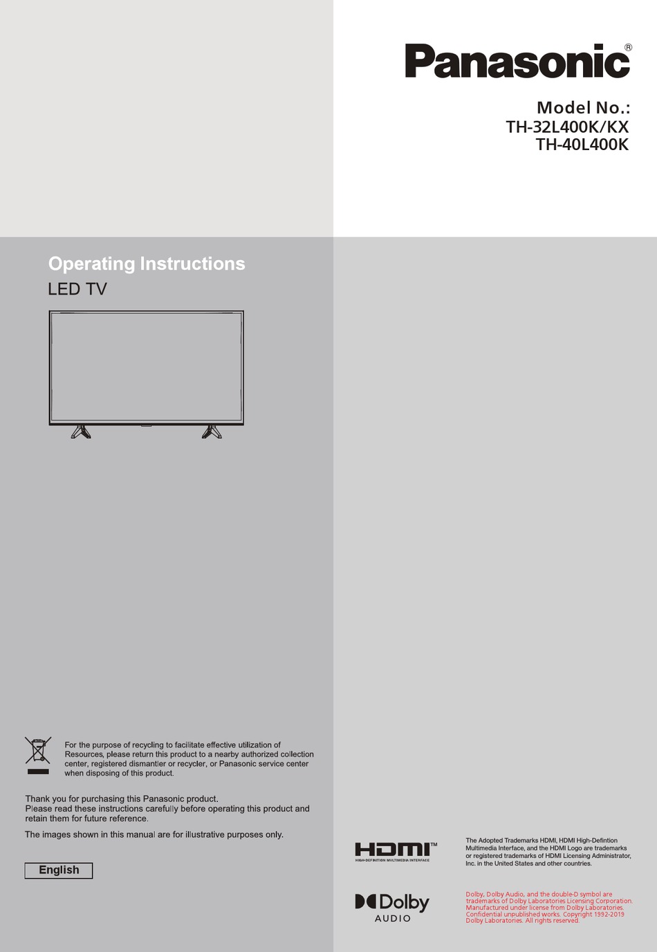 PANASONIC TH32L400K OPERATING INSTRUCTIONS MANUAL Pdf Download