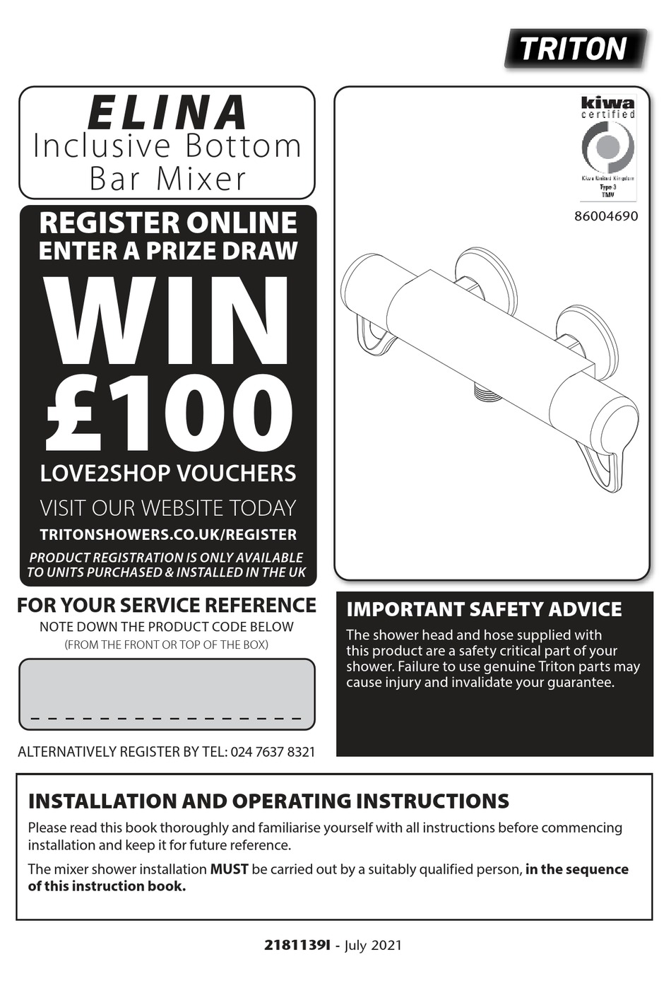 TRITON ELINA INSTALLATION AND OPERATING INSTRUCTIONS MANUAL Pdf