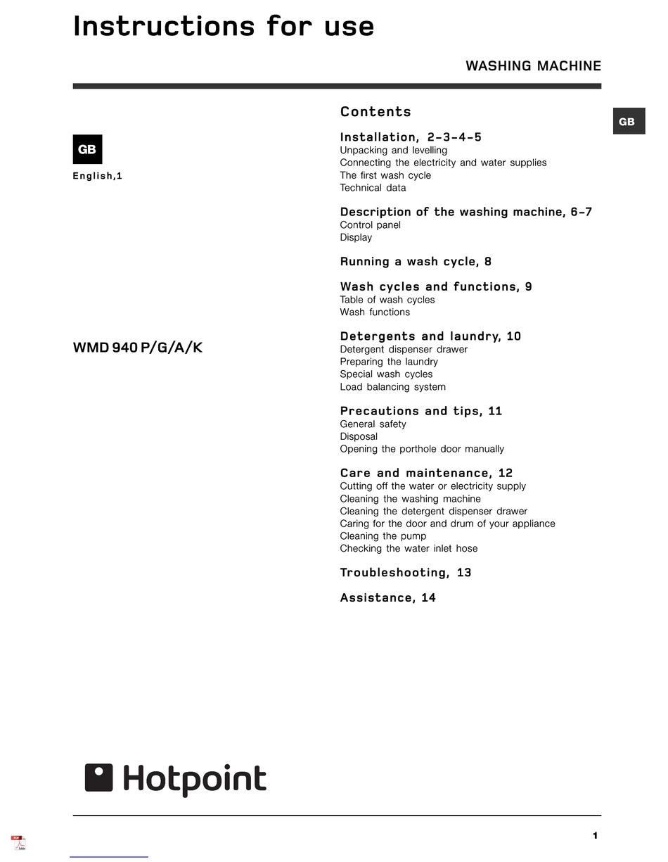 HOTPOINT WMD 940 P INSTRUCTIONS FOR USE MANUAL Pdf Download ManualsLib