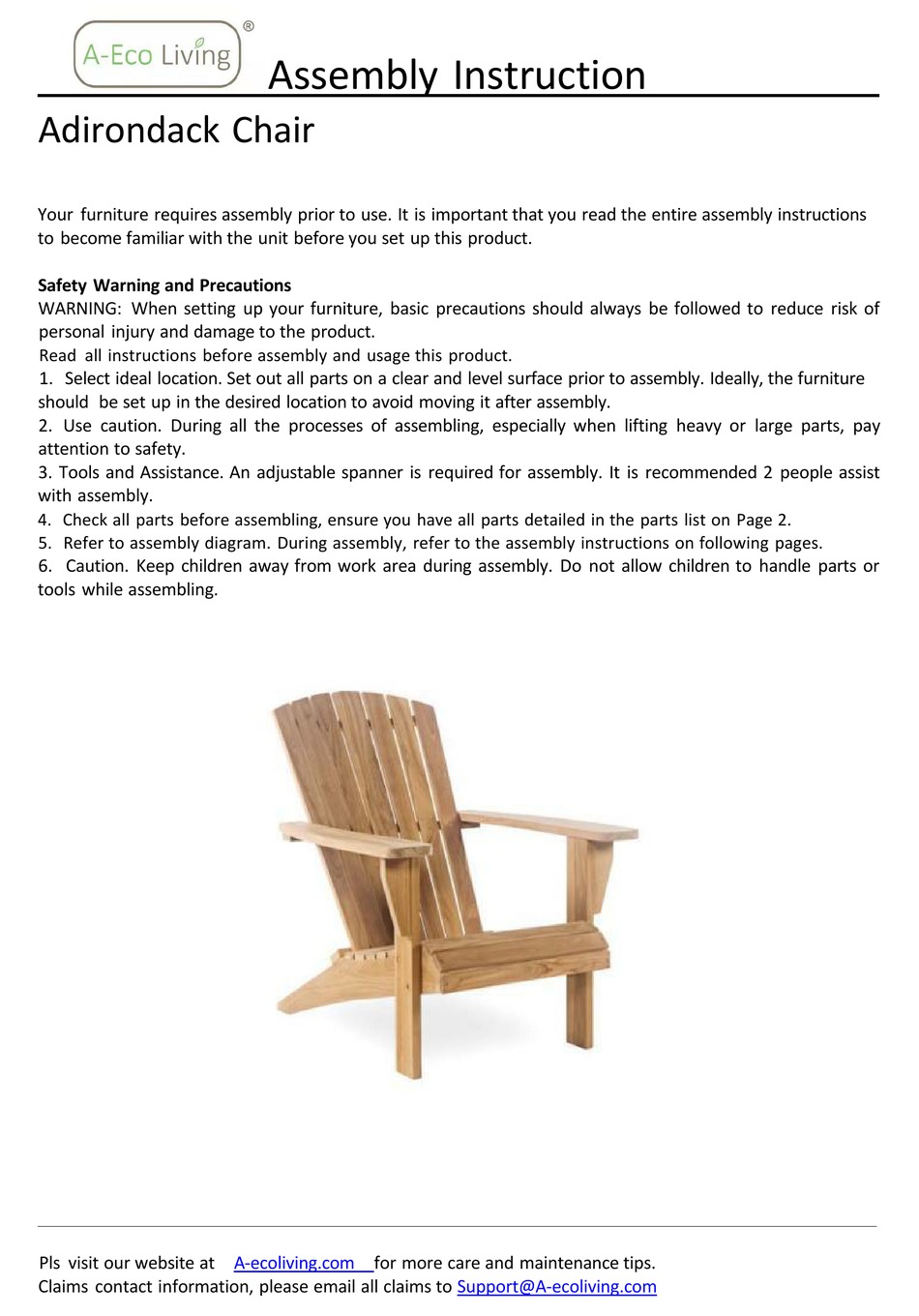 AECO LIVING ADIRONDACK CHAIR ASSEMBLY INSTRUCTION Pdf Download