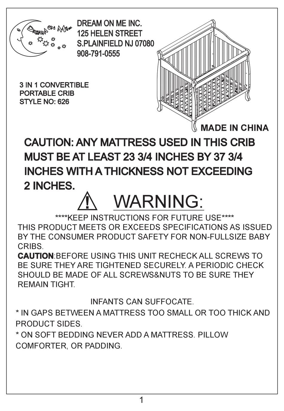 DREAM ON ME 626 ASSEMBLY INSTRUCTIONS MANUAL Pdf Download ManualsLib