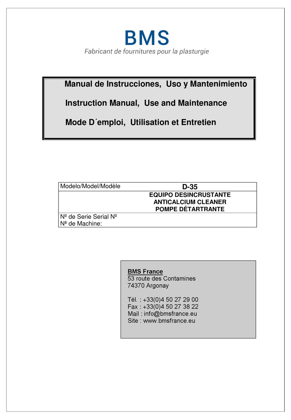 BMS D35 INSTRUCTION, USE AND MAINTENANCE MANUAL Pdf Download ManualsLib