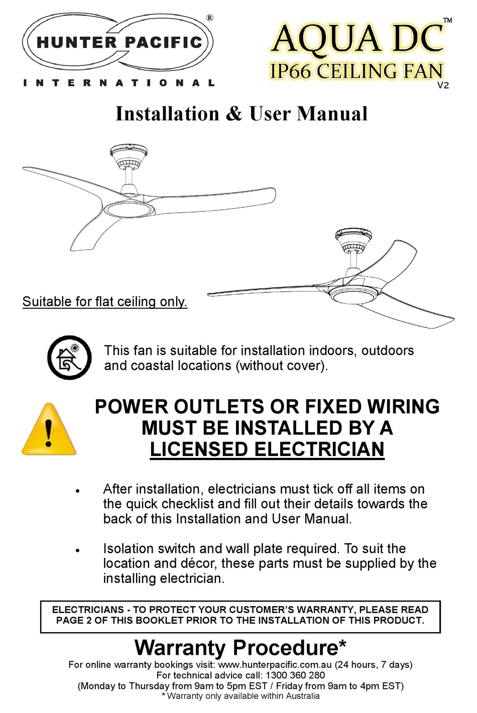 HUNTER PACIFIC AQUA DC AIP2661 INSTALLATION & USER MANUAL Pdf Download